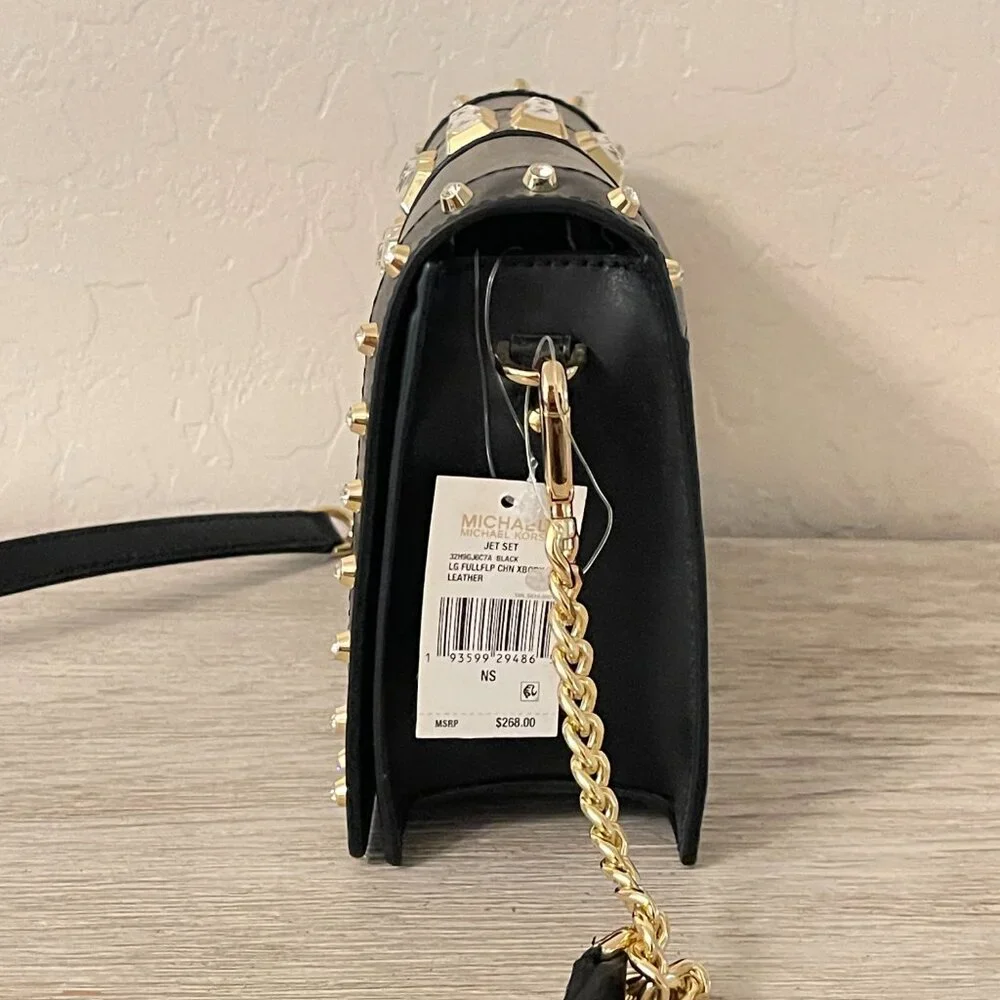 New Michael Kors Crossbody Bag Black Gold Rhinestone Crystal Studs Chain Flap MK